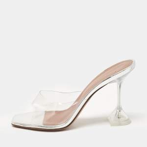 Amina Muaddi Silver PVC and Patent Leather Lupita Glass Sandals Size 40.5