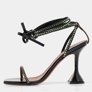 Amina Muaddi Black Patent Leather Crystal Embellished Vita Sandals Size 37.5