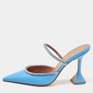 Amina Muaddi Blue Leather Gilda Pointed Toe Mules Size 38