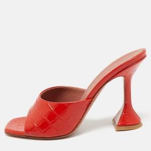 Pre Owned Amina Muaddi Red Croc Embossed Leather lupita Slide Sandals Size 38