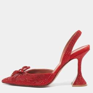 Amina Muaddi Red Suede Crystal Embellished Rosie Slingback Pumps Size 36.5