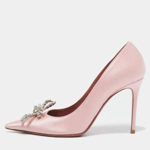 Pre Owned Amina Muaddi Light Pink Satin Crystal Embellished Rosie Pointed Toe Pumps Size 36