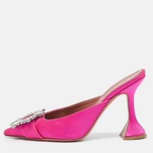 Amina Muaddi Pink Satin Begum Crystal Embellished Mules Size 36.5