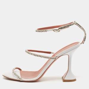 Amina Muaddi White Satin Crystal Embellished Glida Sandals Size 40.5