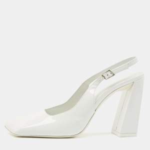 Amina Muaddi White Patent Leather Square Toe Slingback Pumps Size 38