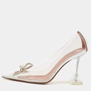 Amina Muaddi Transparent/Silver PVC and Leather Rosie Pointed Toe Pumps Size 38