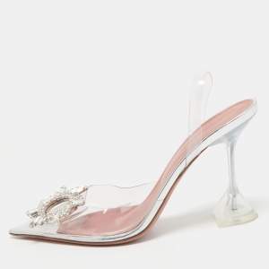 Amina Muaddi Transparent PVC Begum Embellished Slingback Sandals Size 38.5
