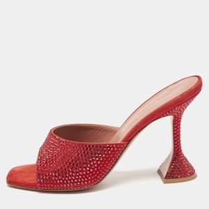 Pre Owned Amina Muaddi Red Suede Lupita Crystals Slide Sandals Size 39