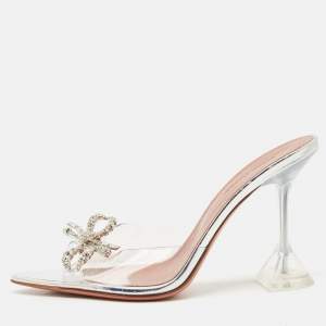 Amina Muaddi Silver PVC Rosie Slide Sandals Size 38.5