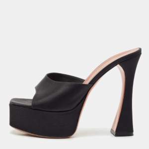 Amina Muaddi Black Satin Dalida Platform Slide Sandals Size 39