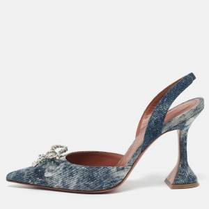 Amina Muaddi Blue Denim Rosie Slingback Pumps Size 39.5