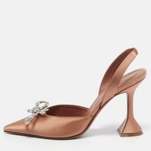 Pre Owned Amina Muaddi Beige Satin Rosie Crystal Embellished Slingback Pumps Size 37