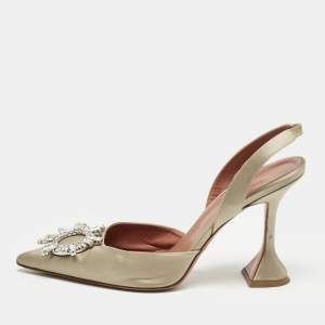 Amina Muaddi Grey Satin Begum  Crystal-Embellished Slingback Pumps Size 41        