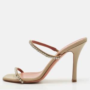 Amina Muaddi Grey Leather Crystal Embellished Gilda Slide Sandals Size 36.5