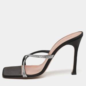 Pre Owned Amina Muaddi Black Satin Crystal Embellished Crisscross Adriana Slide Sandals Size 40