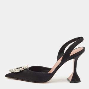 Amina Muaddi Black Satin Begum Crystal-Embellished Slingback Pumps Size 38