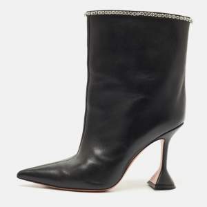 Amina Muaddi Black Leather Crystal Embellished Ankle Length Boots Size 41