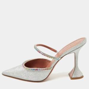 Amina Muaddi Silver Glitter Gilda Mules Size 41