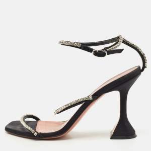 Amina Muaddi Black Satin Glida Crystals Ankle Strap Sandals Size 38.5