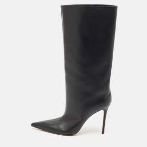 Amina Muaddi Black Leather Mid Calf Boots Size 39