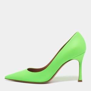 Amina Muaddi Neon Green Leather Sharon Pumps Size 37