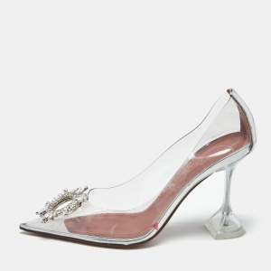 Amina Muaddi Transparent PVC Begum Crystal Embellished Pointed Toe Pumps Size 39
