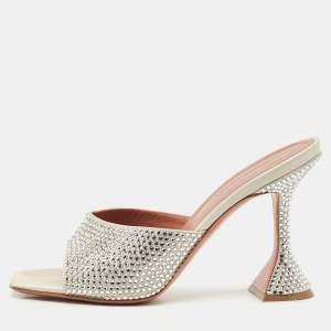 Pre Owned Amina Muaddi Sliver Satin lupita Slide Sandals Size 37.5