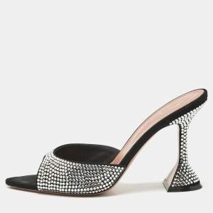 Pre Owned Amina Muaddi Black Suede Crystal Embellished Caroline Slide Sandals Size 38