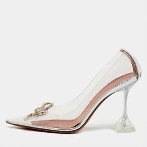 Pre Owned Amina Muaddi Transparent/Silver PVC and Leather Rosie Pointed Toe Pumps Size 39