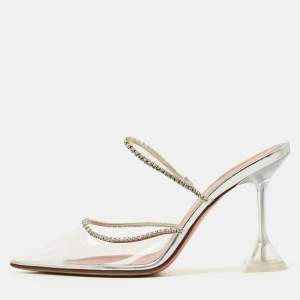 Pre Owned Amina Muaddi Transparent PVC Crystal Embelish Gilda Mules Size 39.5