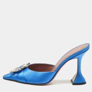 Pre Owned Amina Muaddi Blue Satin Begum Mules Size 38