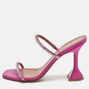 Pre Owned Amina Muaddi Purple Crystal Embellished Satin Gilda Slide Sandals Size 38