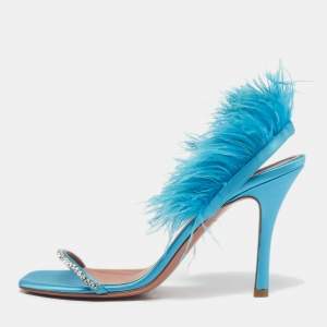 Pre Owned Amina Muaddi Blue Satin and Feather Adwoa Slingback Sandals Size 39