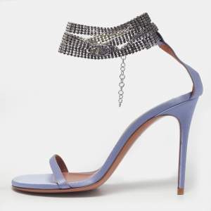 Pre Owned Amina Muaddi Purple Satin Crystal Embellished Giorgia Sandals Size 36.5