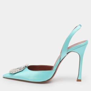 Pre Owned Amina Muaddi Turquoise Satin Camelia Crystal Embellished Pointed Toe Slingback Pumps Size 39.5