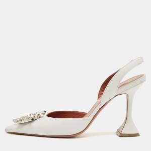 Pre Owned Amina Muaddi White Leather Begum Slingback Pumps Size 39
