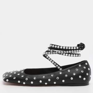 Pre Owned Amina Muaddi Black Leather Ane Crystal Embellished Ankle Wrap Ballet Flats Size 38