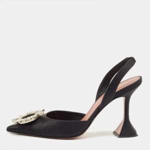Pre Owned Amina Muaddi Black Satin Begum Slingback Pumps Size 37.5