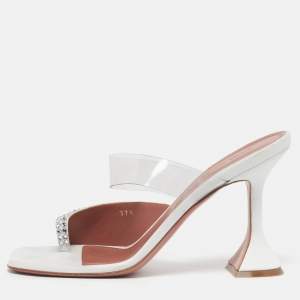 Pre Owned Amina Muaddi Paloma Size 37.5 White Leather and PVC Slide Sandals