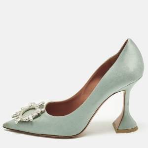 Pre Owned Amina Muaddi Begum Size 37.5 Blue Satin Pumps