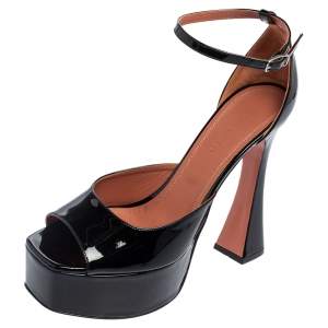 Amina Muaddi Black Patent Leather Bianca Ankle-Wrap Platform Sandals Size 39