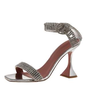 Amina Muaddi Silver Crystal Embellished Leather Jah Jah Ankle Strap Sandals Size 37.5