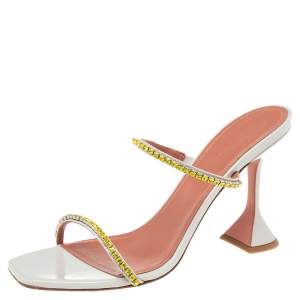 Amina Muaddi Grey Patent Leather Crystal Embellished Gilda Slide Sandals Size 41
