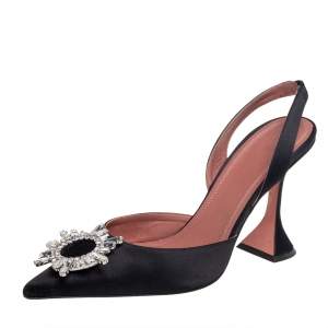 Amina Muaddi Black Satin Begum Crystal-Embellished Slingback Sandals Size 40