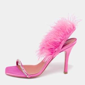 Amina Muaddi Pink Satin And Fur Crystal Embellished Sandals Size 38