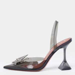 Amina Muaddi Black PVC Begum Glass Crystal Embellished Slingback Sandals Size 36