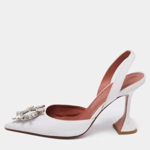 Amina Muaddi White Leather Begum Slingback Pumps Size 39