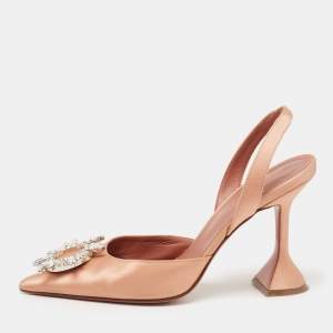 Amina Muaddi Peach Satin Begum Crystal Slingback Pumps Size 37