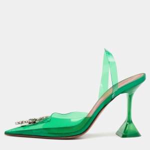 Amina Muaddi Green PVC Begum Crystal Embellished Slingback Sandals 38.5