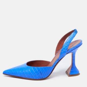 Amina Muaddi Blue Croc Embossed Holli Slingback Sandals Size 38.5